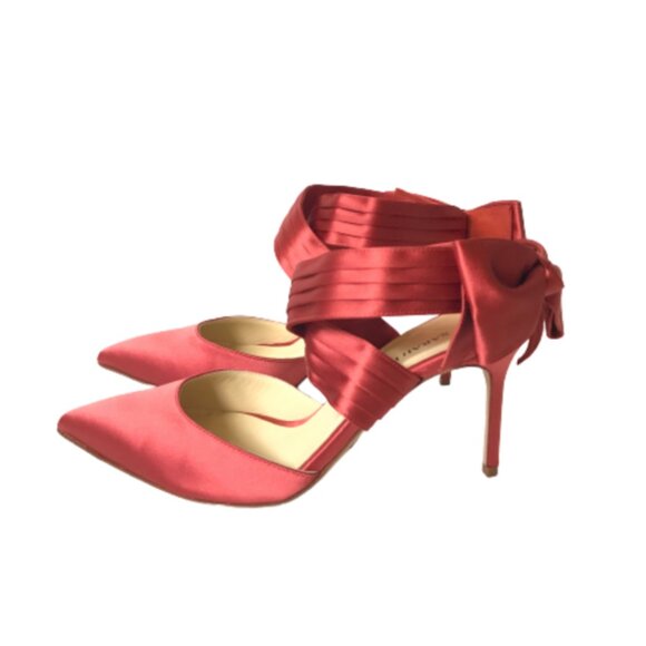 NWOB Sarah Flint Ankle Bow Wrap Heels Womens 37.5 7.5 Salmon Pink Pointed Toe - Picture 8 of 13